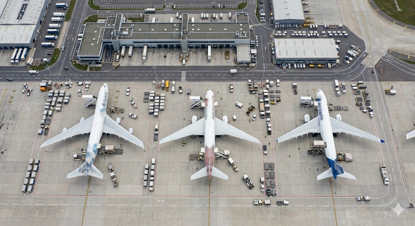 Top-down view of aircraft parked on an airport apron